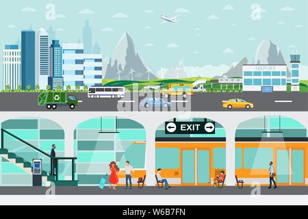 Vector of a cityscape and airport with underground train station platform and people waiting for train departure Stock Vector