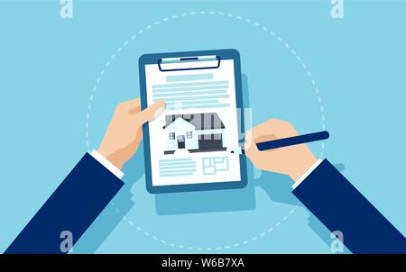 Real estate concept. Vector of a businessman signing mortgage documents Stock Vector