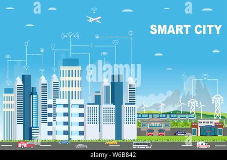 Smart city concept. Vector of urban landscape with communication technology icons connecting modern buildings and different transportation Stock Vector