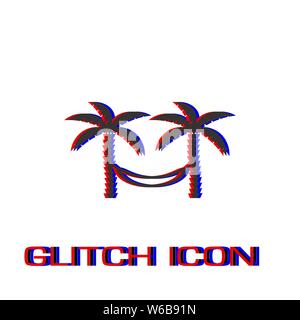 Relaxing hammock between two palm trees icon flat. Simple pictogram - Glitch effect. Vector illustration symbol Stock Vector