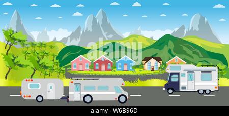 Vector of driving campers rv on road in the mountains. Family summer vacation travel, holiday trip concept Stock Vector