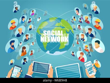 Social network concept. Vector of diverse people connected online via modern technology Stock Vector