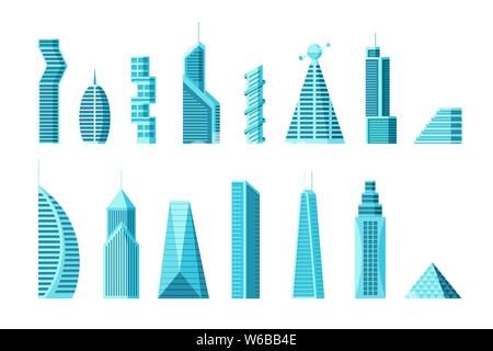 Future city building and skyscraper architecture collection. Futuristic urban multi-storey cyberpunk graphic town house set. Vector modern flat real estate construction illustration Stock Vector