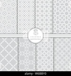 Set of vector seamless patterns. Modern geometrical textures with with crossed geometriс shapes. Intersecting stars, rhombuses, diamonds, squares, cir Stock Vector