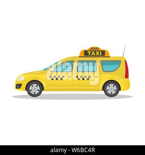 The taxi car on the isolated white background with a shadow. The vehicle in flat style. Icon of the vehicle for transportation of freight and people. Stock Vector