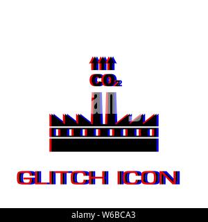 Factory with chimney polluting CO2 cloud smoke icon flat. Simple pictogram - Glitch effect. Vector illustration symbol Stock Vector