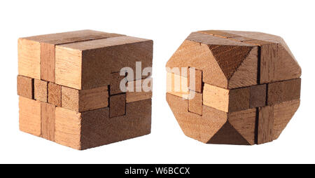 Wooden Puzzle Cubes on White Background Stock Photo