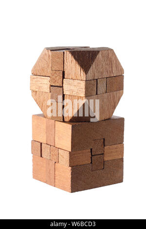 Wooden Puzzle Cubes on White Background Stock Photo