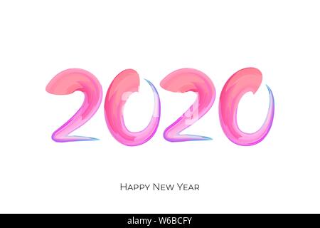 Happy New Year color brushstroke number 2020. Christmas winter holidays white greeting card calendar brochure template design. Vector acrylic paint calligraphy lettering text creative illustration Stock Vector