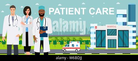 Patient care concept. Vector of doctor team standing on a hospital building, ambulance car background Stock Vector
