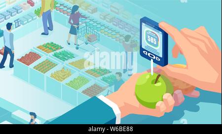 Measurement of nitrate levels in vegetables and fruits concept. Vector of a hand holding the nitrate tester on a supermarket background Stock Vector