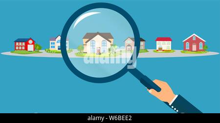 Vector of a business man hand holding magnifying glass searching for the best real estate house deal Stock Vector