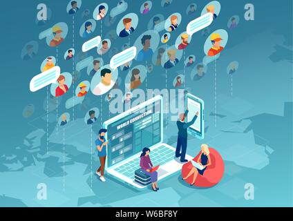 Social network concept. Vector of diverse people connecting all over the world using modern technology Stock Vector