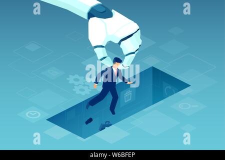 Vector of a giant robotic arm holding a small businessman, artificial Intelligence replaces in the work human labor Stock Vector