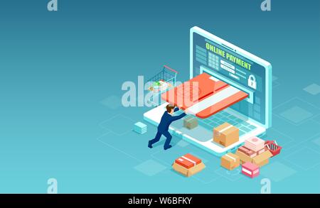 Online payment concept. Vector of a shopper man shopping in the internet pushing card into laptop screen paying for orders Stock Vector