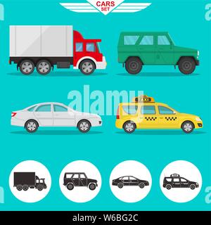 A set of vehicles with a shadow. Cargo van, SUV, car, motor cab. Icons of cars in flat style. Vector illustration. Design elements. Stock Vector