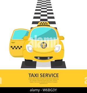 The cheerful car of a taxi with an open passenger door. The passenger vehicle on a chess path. A banner, a poster, design elements for the business ca Stock Vector