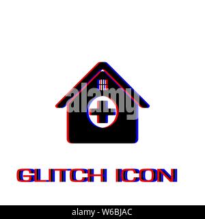 Hospital icon flat. Simple pictogram - Glitch effect. Vector illustration symbol Stock Vector