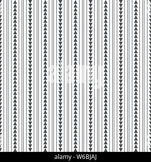 Vector seamless pattern. Infinitely repeating modern geometrical texture consisting of vertical thin lines and strips with triangles. Abstract texture Stock Vector