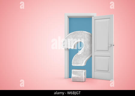 3d rendering of white open doorway with grey concrete question mark on light pink background Stock Photo