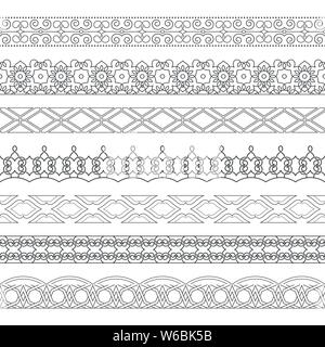 Vector set of monochrome dividers. Borders for the text, invitation cards, various printing editions. Seamless horizontal patterns. Ethnic elements of Stock Vector