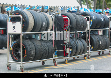 Bang Saen, Thailand - July 1, 2017: Tyre racks for the participants at Bang Saen Street Circuit in Bang Saen, Chonburi, Thailand. Stock Photo