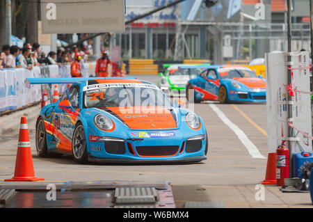 Bang Saen, Thailand - July 1, 2017: The Porsche GT3 Cup of Francis Tjia from The Netherlands during Porsche Carrera Cup Asia at Bang Saen Street Circu Stock Photo
