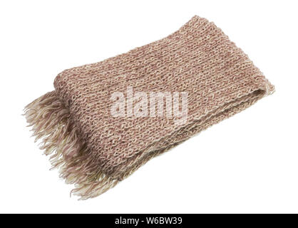 Homemade knitted warm woolen female  scarf with fringe. Isolated on white studio closeup.  Rustic style handicraft  concept Stock Photo