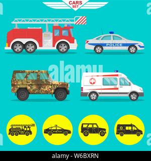 A set of vehicles with a shadow. Fire truck, ambulance, police car, military SUV. Icons of cars in flat style. Vector illustration.Design elements. Stock Vector