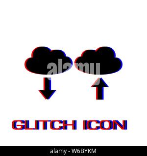 Cloud download and upload icon flat. Simple pictogram - Glitch effect. Vector illustration symbol Stock Vector