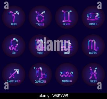 Vector character set of the zodiac. The neon shining symbols against a dark background. Astrological icons. Design elements. Stock Vector
