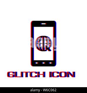 Earth on smartphone screen icon flat. Simple pictogram - Glitch effect. Vector illustration symbol Stock Vector