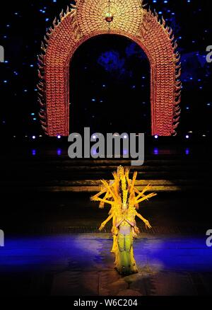 Chinese hearing impaired dancers from China Disabled People's Performing Art Troupe give a charity performance of the Thousand-Hand Guan Yin, the Bodh Stock Photo