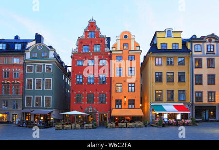 Traditional colorful houses in Stortorget Square, Old Town of Stockholm (Gamla Stan), Sweden Stock Photo