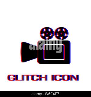 Cinema camera icon flat. Simple pictogram - Glitch effect. Vector illustration symbol Stock Vector