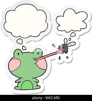 cartoon frog catching fly with thought bubble as a printed sticker Stock Vector