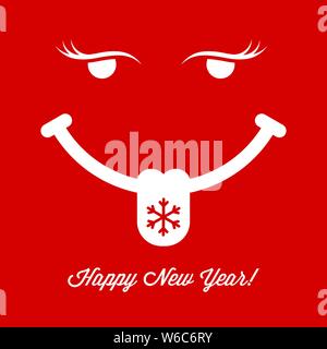 Showing Tongue Smiling Face on Red Background. Christmas and New Year Greeting Card Cover. Background, Template. Vector Illustration. Stock Vector
