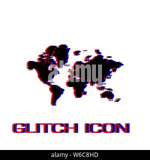 World map icon flat. Simple pictogram - Glitch effect. Vector illustration symbol Stock Vector