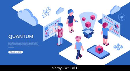 Artificial quantum computing technology isometric 3d icons infographics with people, digital vector advert infographics Stock Vector