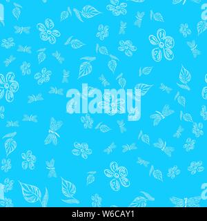 Dragonfly seamless hand-drawn pattern with flowers for wallpaper design. Retro abstract card with white dragonfly seamless hand flowers on blue backgr Stock Vector