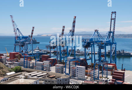 Container port at the harbour in Valparaiso, Chile Stock Photo