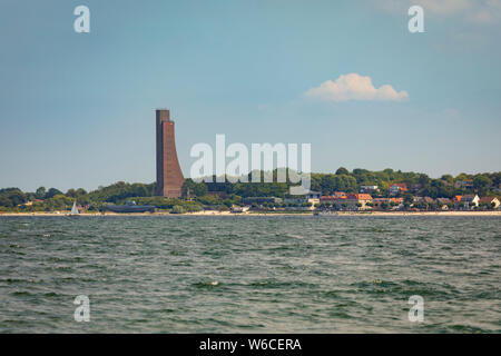 Village of Laboe at the Bay of Kiel with Laboe Naval Memorial, historic submarine 995 and beach, vintage postcard style Stock Photo