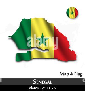 Senegal map and flag . Waving textile design . Dot world map background . Vector . Stock Vector