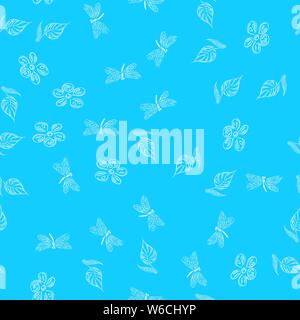 Dragonfly seamless hand-drawn pattern with flowers for wallpaper design. Retro abstract card with white dragonfly seamless hand flowers on blue backgr Stock Vector
