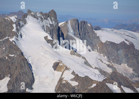 AERIAL VIEW. La Meije summit (elevation: 3983m) in July, viewed from the northeast. La Grave, Hautes-Alpes, France. Stock Photo