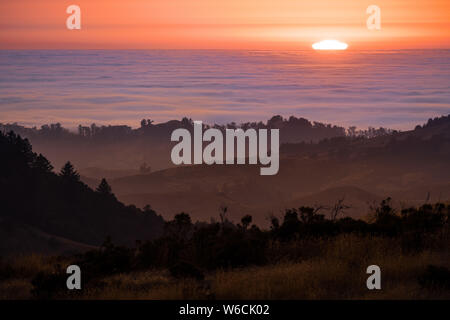 Sun setting over a sea of clouds; layered hills and valleys visible in the foreground; Santa Cruz mountains, San Francisco Bay Area, California Stock Photo