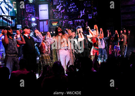 New York City, United States. 01st Aug, 2019. The cast takes a bow at the special 'Rock of Ages' - 'Yankees Night' curtain call in New York. Credit: SOPA Images Limited/Alamy Live News Stock Photo