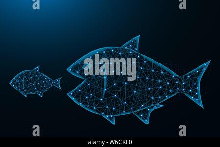 Big fish eat small low poly design, predator and prey abstract geometric image, underwater world wireframe mesh polygonal vector illustration made fro Stock Vector