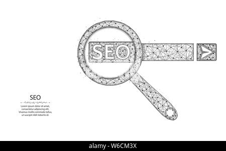 SEO optimization poly design, magnifying glass and search box abstract geometric image, web search wireframe mesh polygonal vector illustration made f Stock Vector