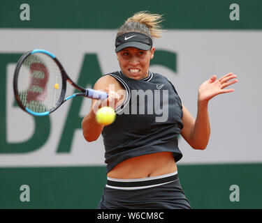 American  tennis player Madison Keys playing forehand shot in French Open 2019 tennis tournament, Paris, France Stock Photo